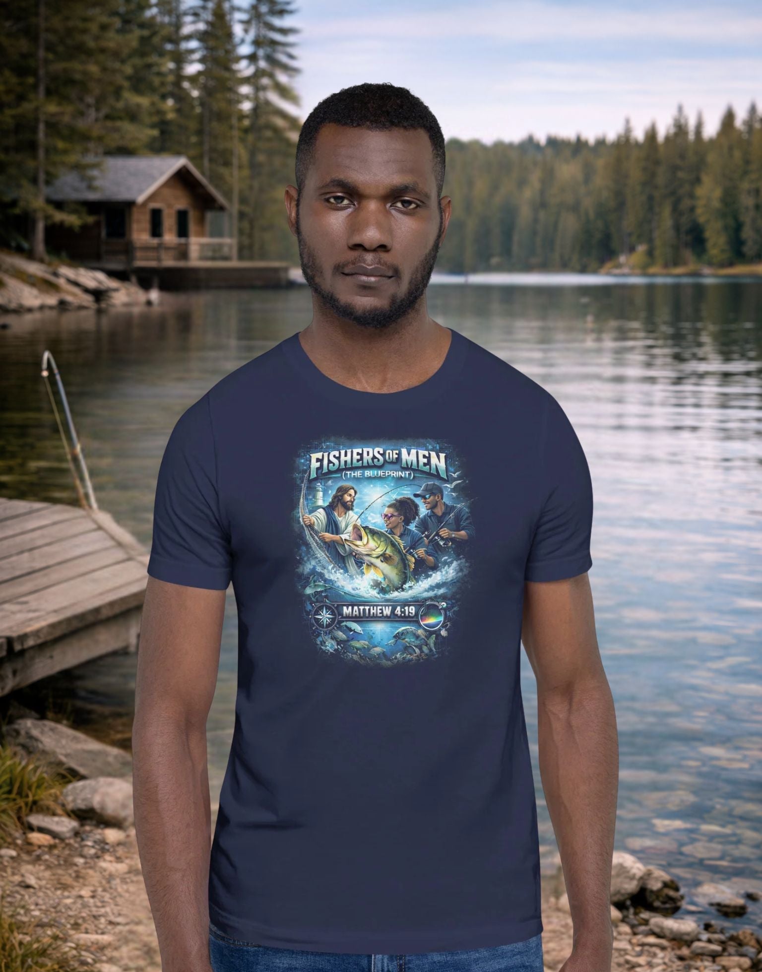 Man wearing a Faith navy blue t-shirt with a graphic design standing by a lake with a cabin in the background.