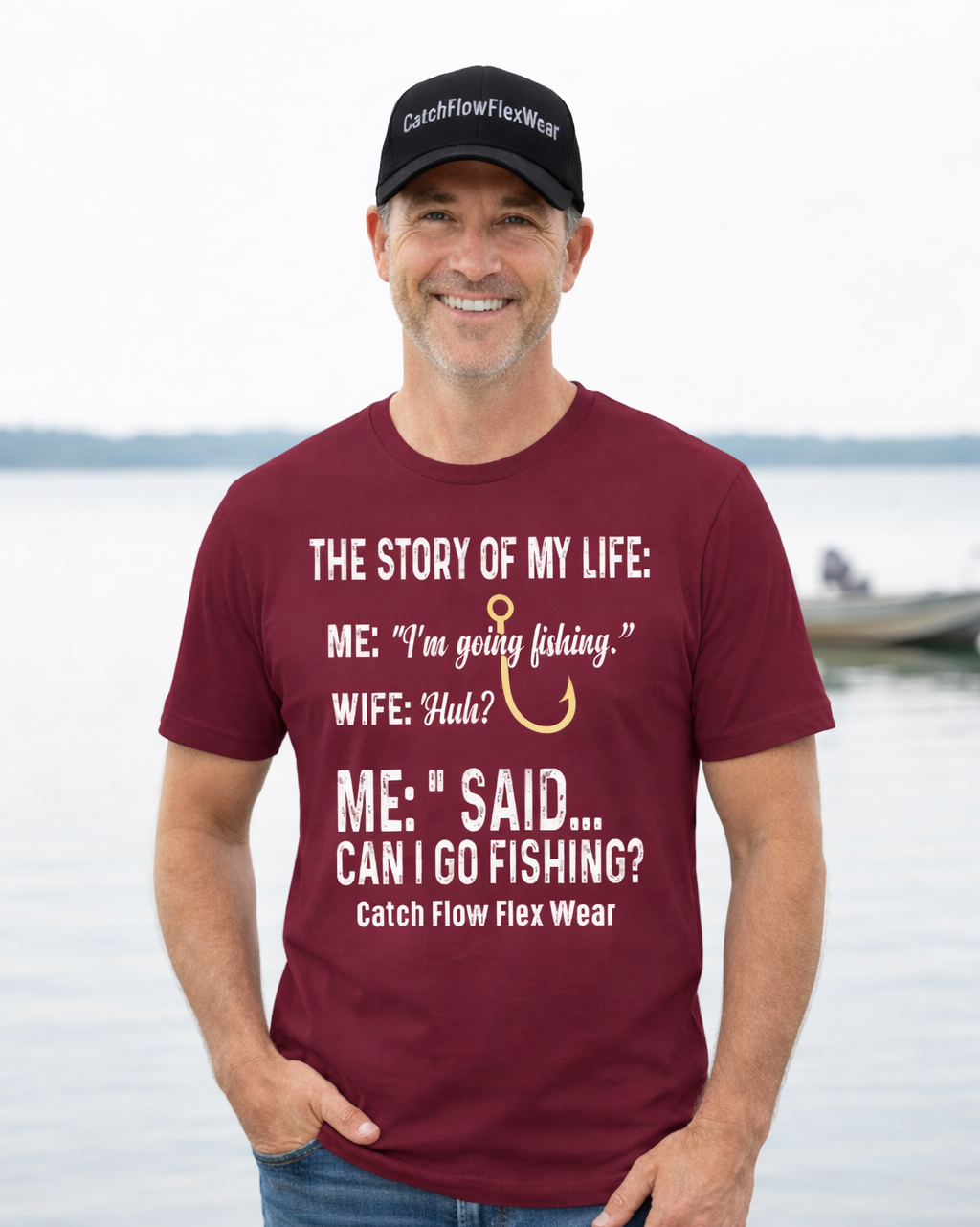 Man wearing a maroon t-shirt with humorous fishing graphic and text by a lake.