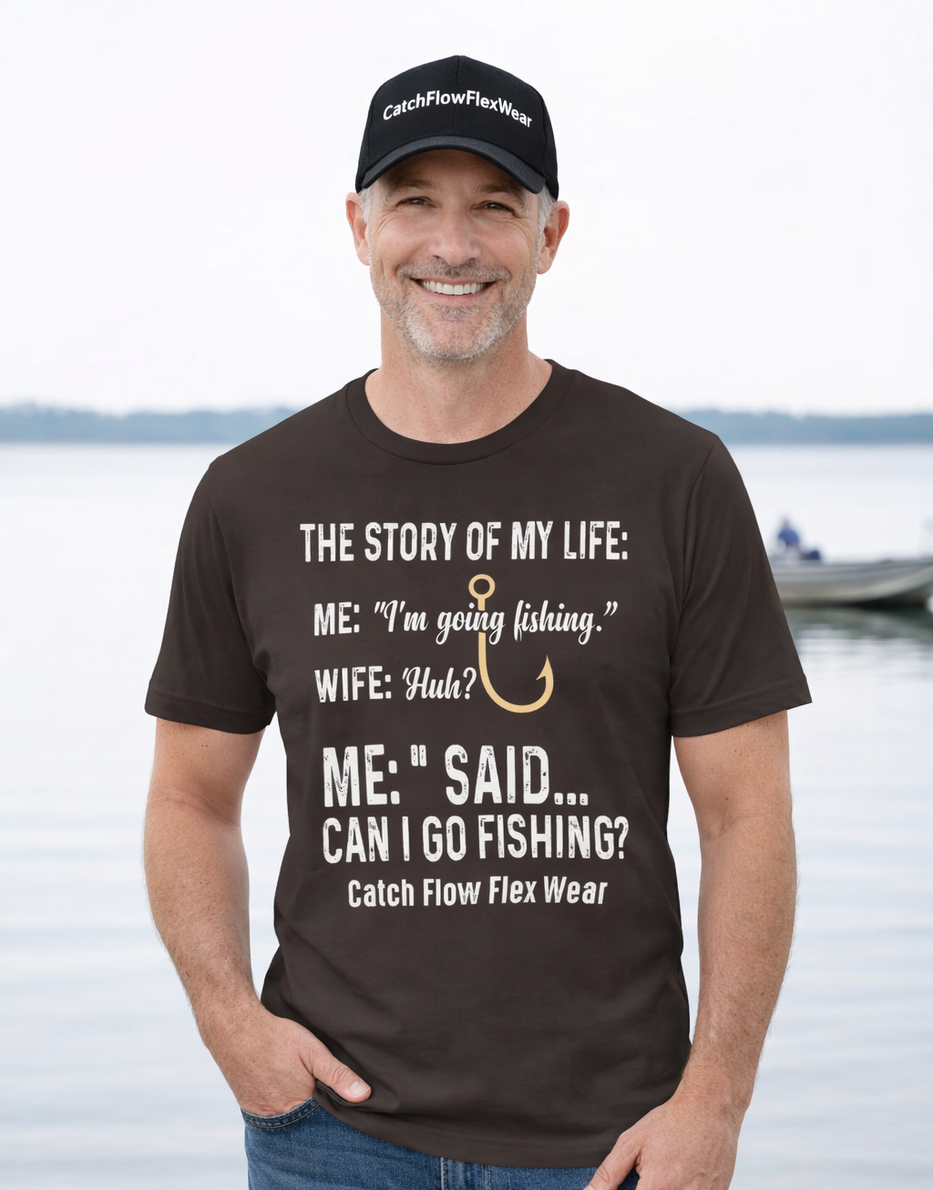 Man wearing a brown, funny quote t-shirt with fishing-themed text by a lake.