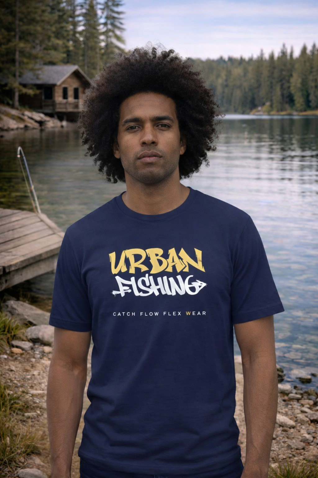 Man wearing a navy blue fishing t-shirt with 'Urban Fishing' text by a lake with a cabin in the background.