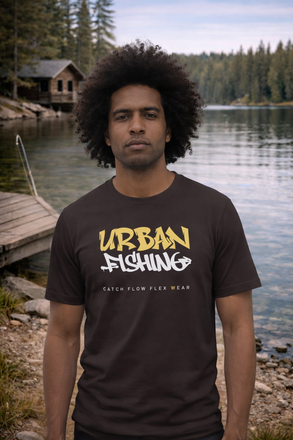 Person wearing a brown 'Urban Fishing' t-shirt by a lake with trees in the background