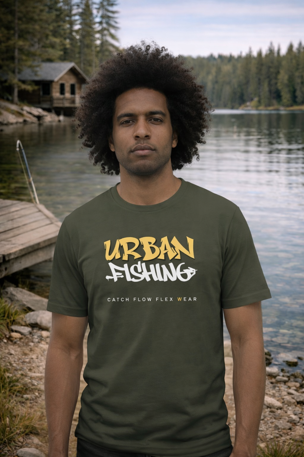 Man wearing a green t-shirt with 'Urban Fishing' text by a lake with a cabin in the background