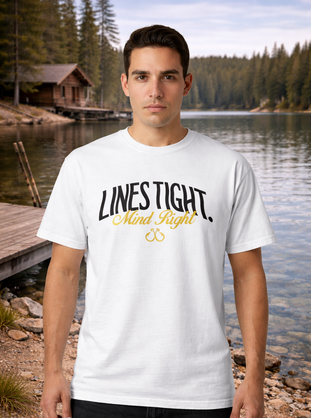 Man wearing a white t-shirt with 'Lines Tight, Mind Right' text in a scenic outdoor fishing dock setting