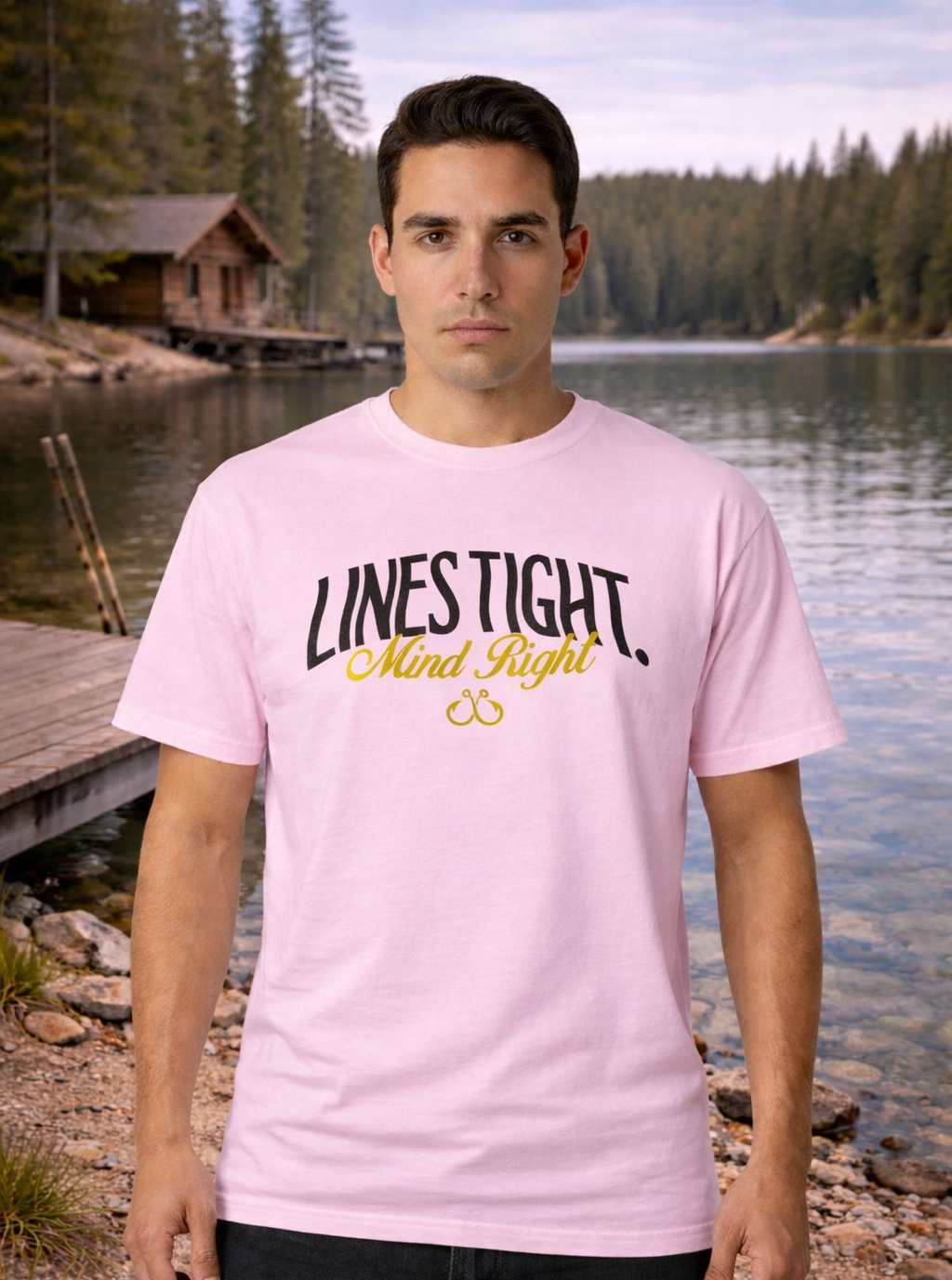 Man wearing a fishing pink t-shirt with text standing by a lake with a cabin in the background