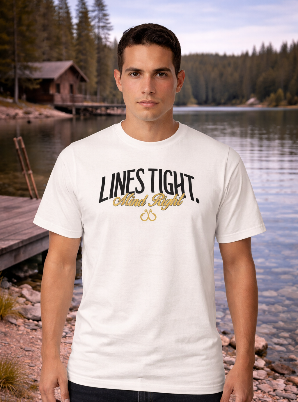Man wearing a fishing white t-shirt with text standing by a lake with a cabin in the background