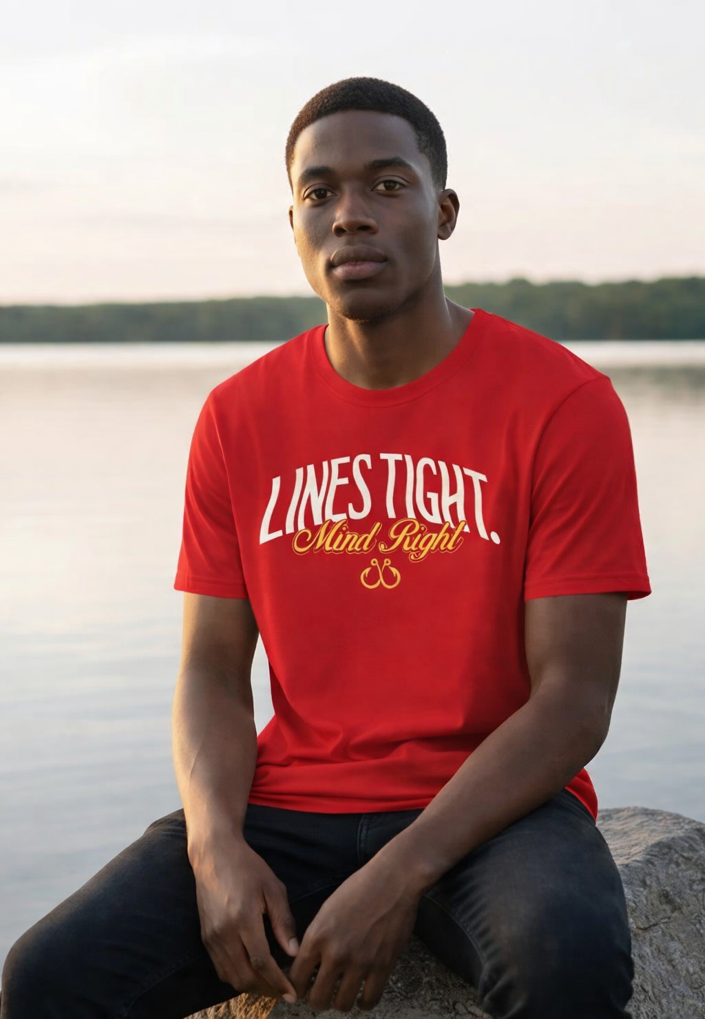 Person wearing a red fishing t-shirt with text, sitting by a body of water.