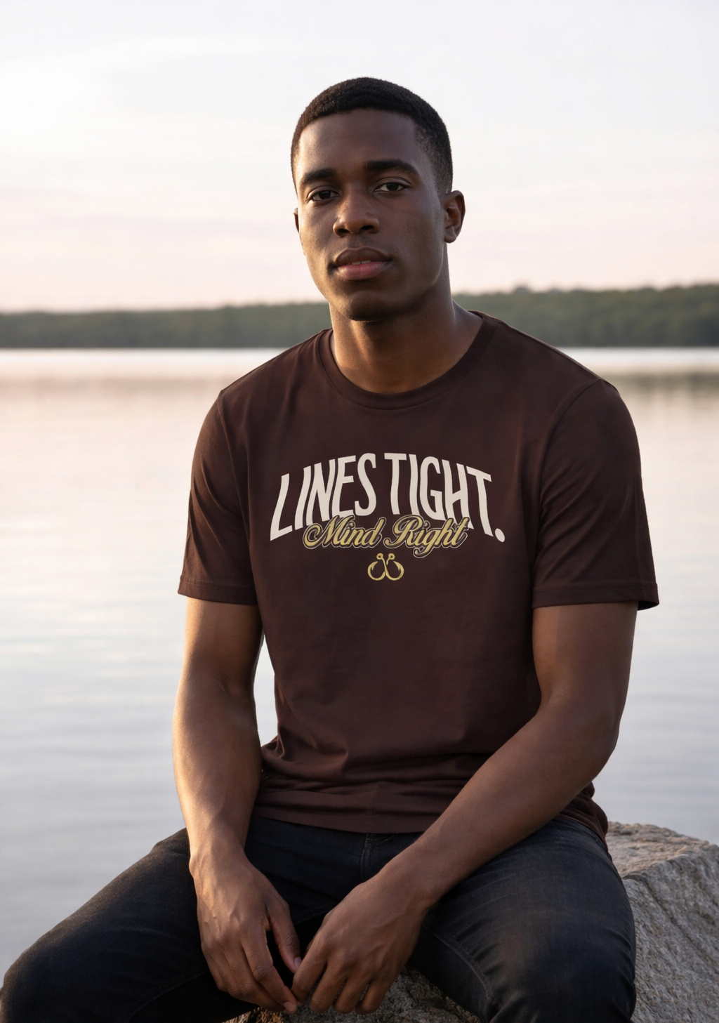 Man wearing a brown t-shirt with 'LINES TIGHT. Mind Tight.' text, sitting by a body of water.