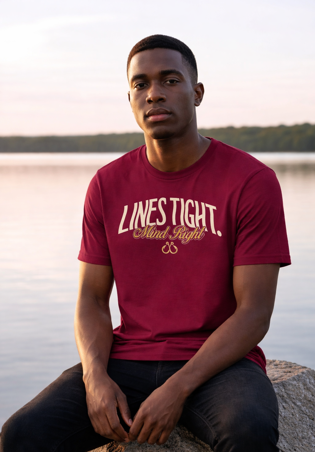 Man wearing a red t-shirt with 'LINES TIGHT Mind Right' text, sitting by a lake.