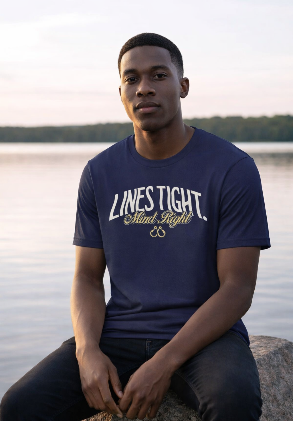 Man wearing a blue t-shirt with statement fishing text sitting by a body of water.