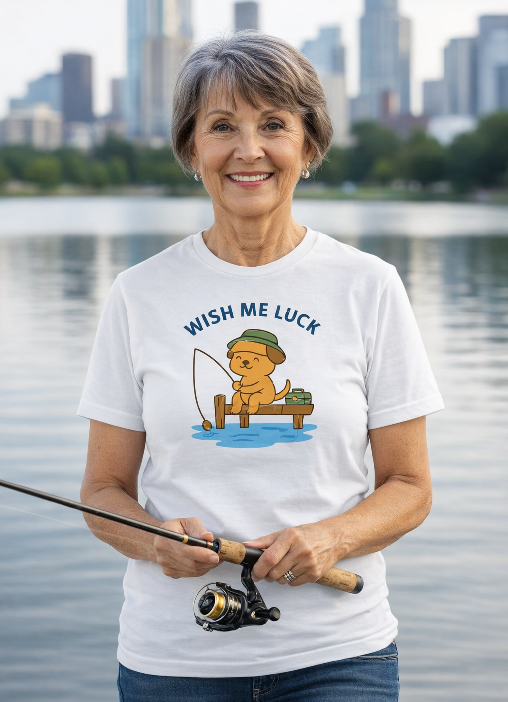 Puppy on the Dock Fishing Adult T-Shirt
