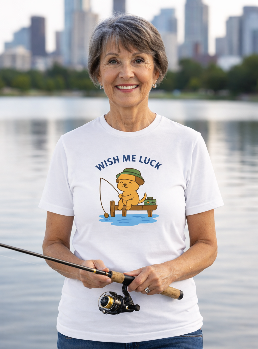 Puppy on the Dock Fishing Adult T-Shirt