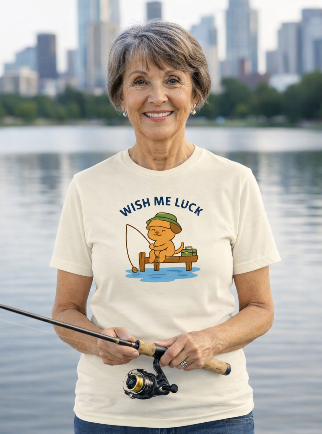 Puppy on the Dock Fishing Adult T-Shirt