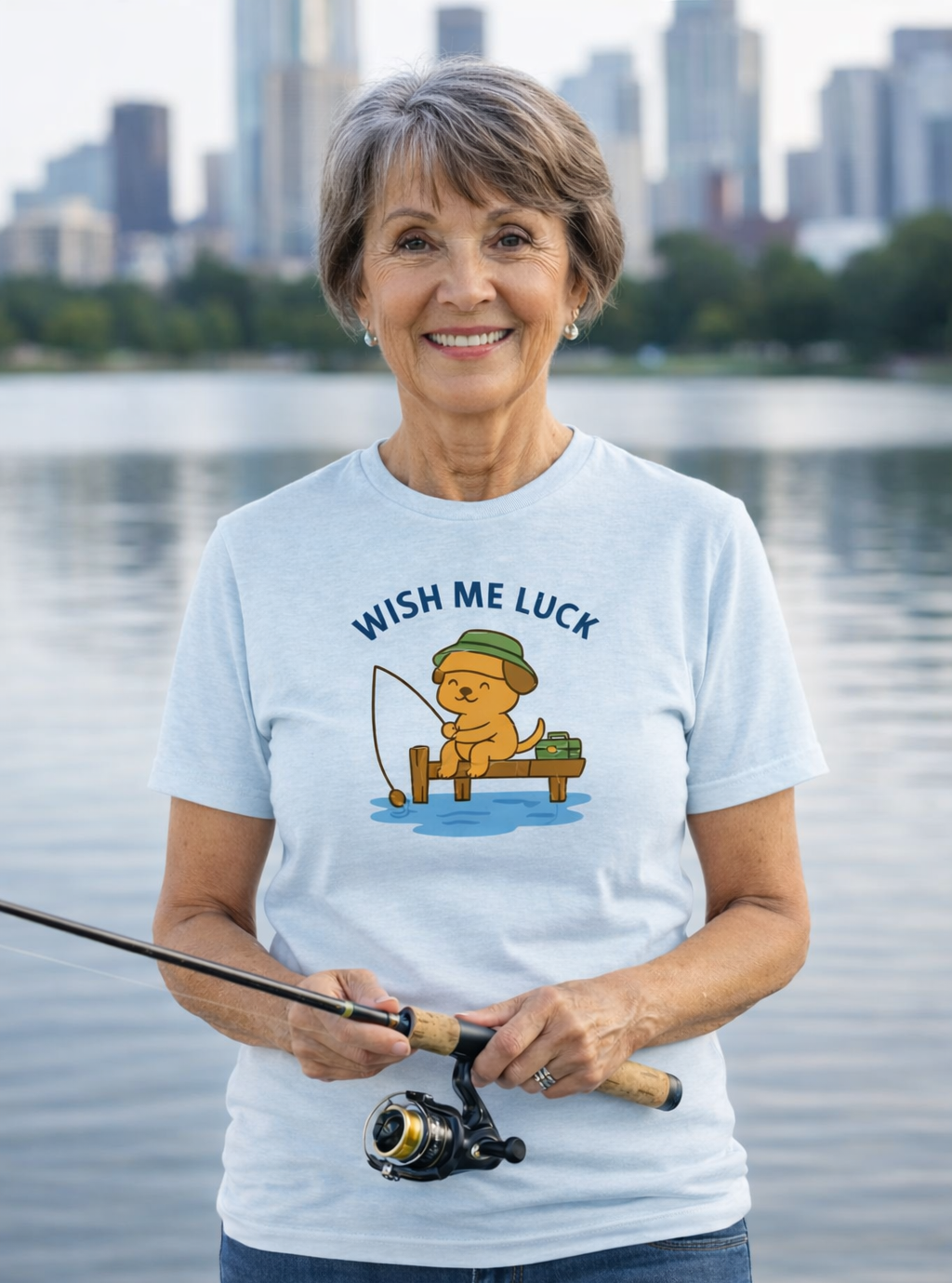 Puppy on the Dock Fishing Adult T-Shirt