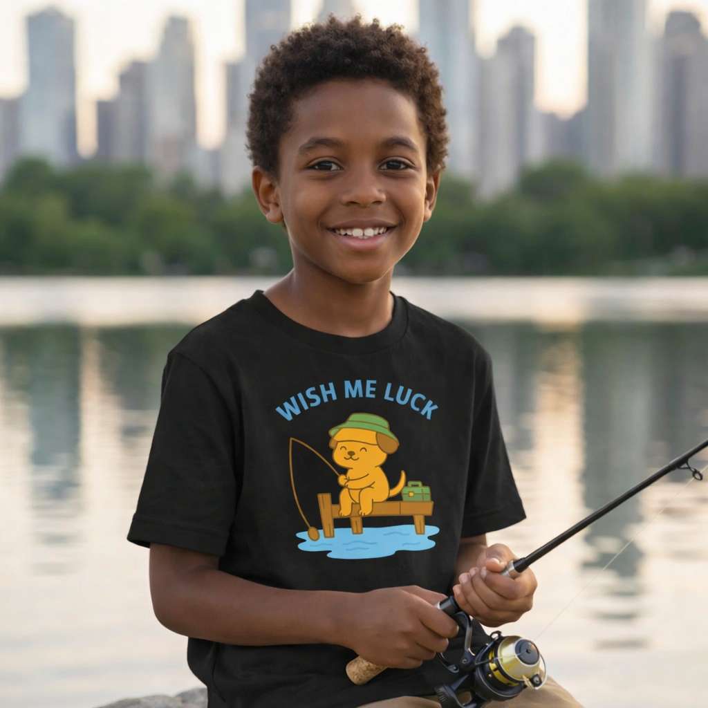 Kids puppy fishing from the dock black  t-shirt - adorable dog fishing design for children.