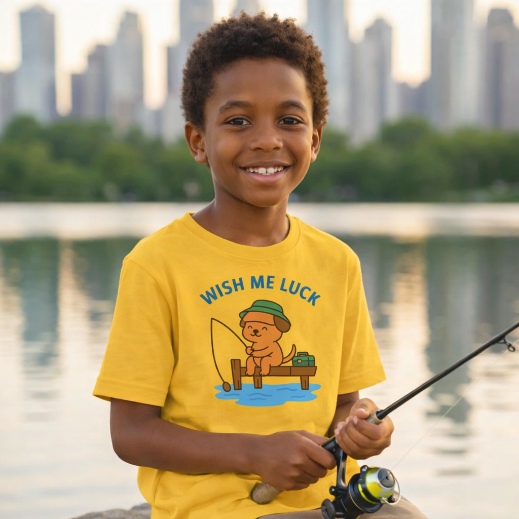 Child fishing wearing a yellow t-shirt with a fishing graphic and text, standing by a waterfront with a city skyline in the background.