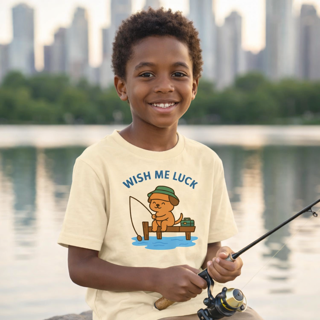 Child wearing a t-shirt with a fishing graphic and text, standing by a lake with a city skyline in the background.