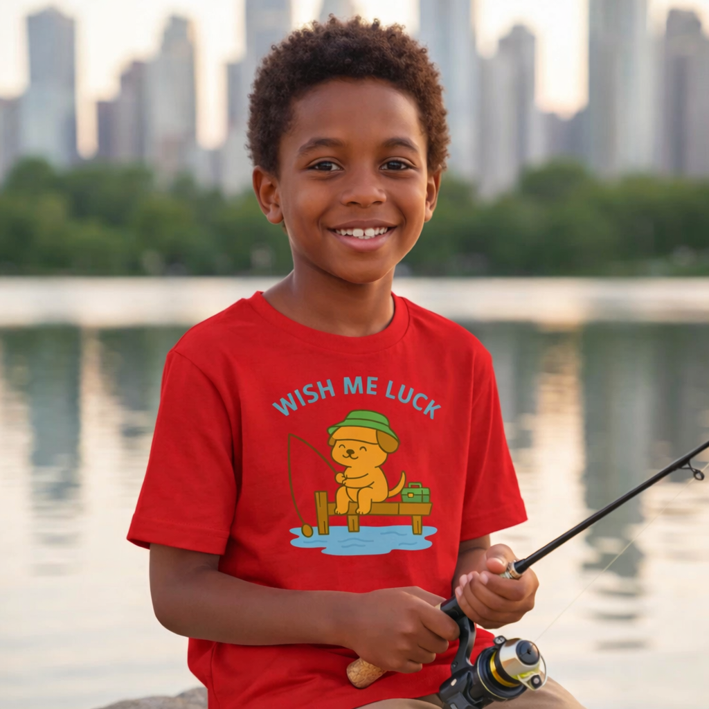 Child wearing a red shirt with a dog graphic and text, holding a fishing rod by a waterfront with city skyline in the background.
