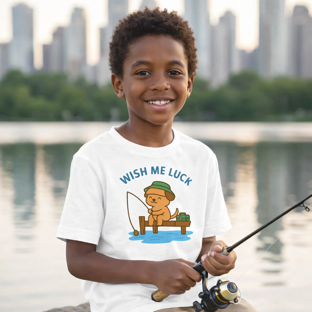 Child wearing a t-shirt with a fishing graphic and text, holding a fishing rod by a lake with a city skyline in the background.