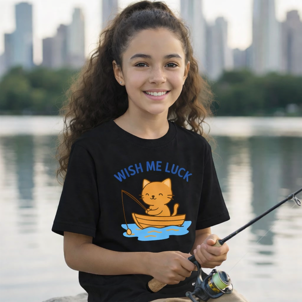 Young girl wearing a black t-shirt with a cat graphic and 'Wish Me Luck' text, holding a fishing rod by a lake with city skyline in the background.
