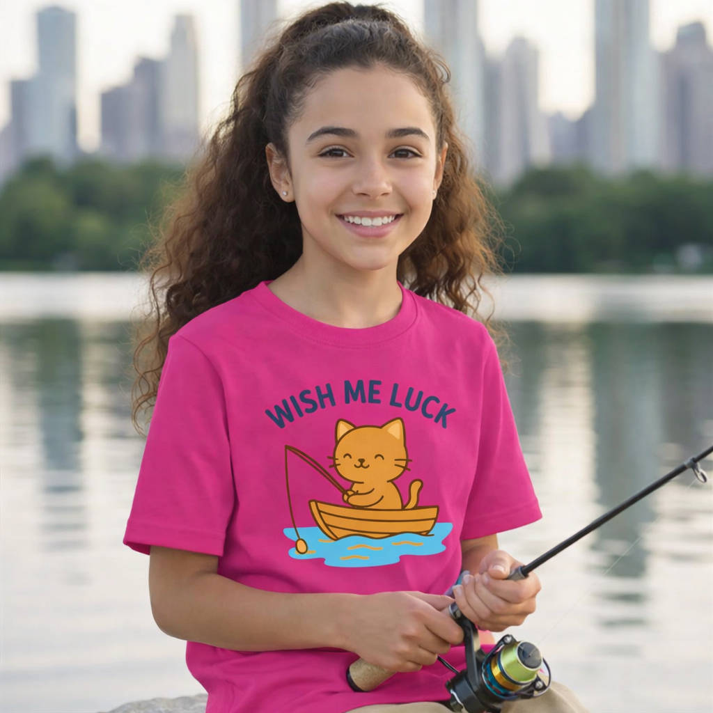 Girl wearing a pink t-shirt with a cat graphic and 'Wish Me Luck' text, holding a fishing rod by a lake with city skyline in the background.