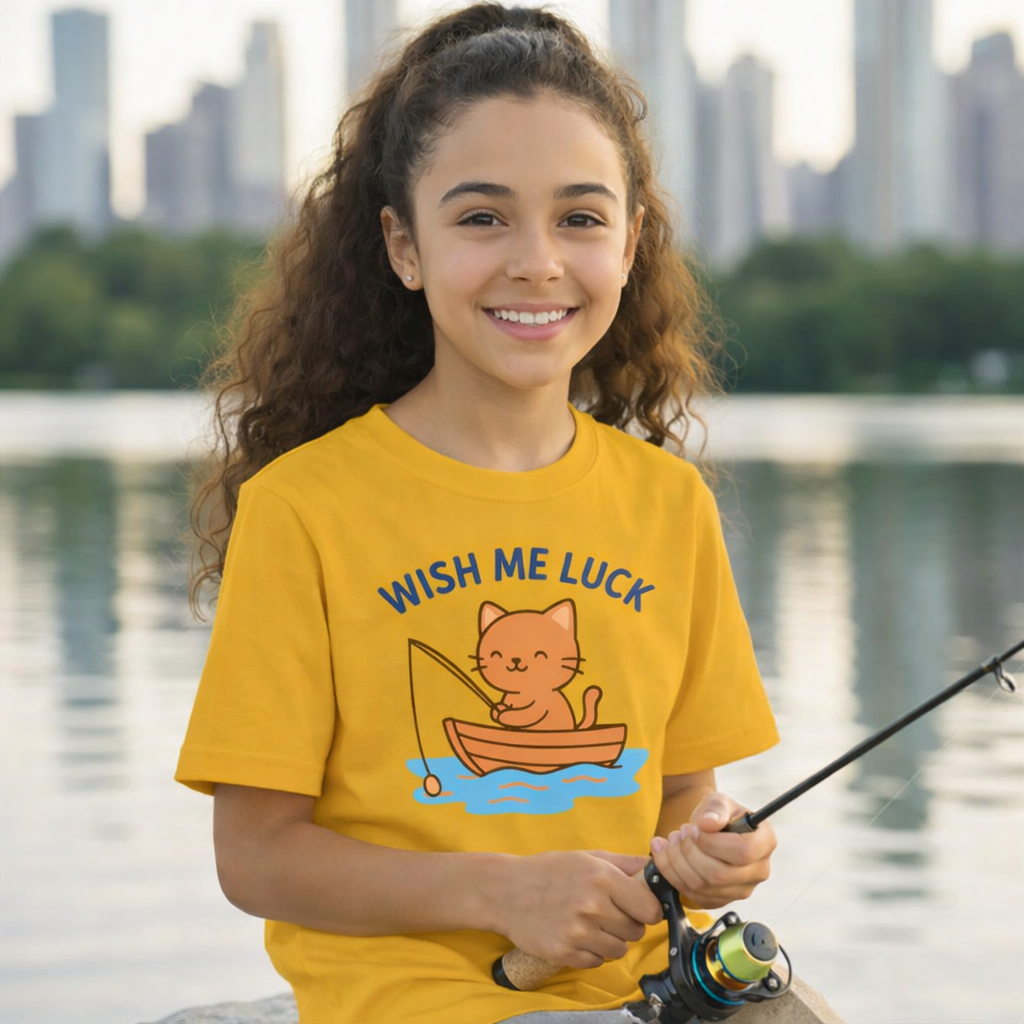 Young girl wearing a yellow t-shirt with a cat graphic and 'Wish Me Luck' text, holding a fishing rod by a lake with city skyline in the background.