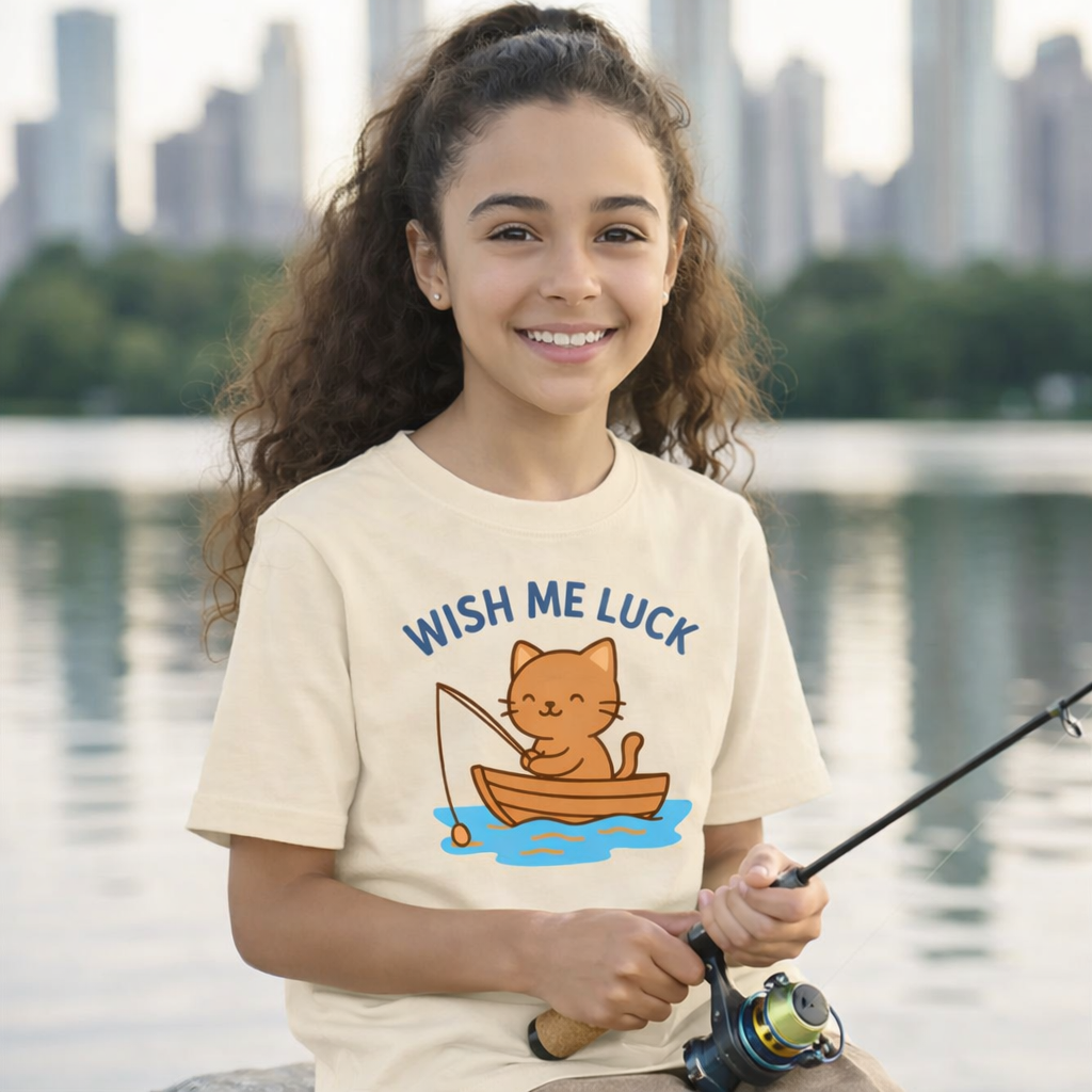 Young girl camping holding a fishing rod, wearing a Natural color t-shirt with a cat in a boat graphic and 'Wish Me Luck' text, by a body of water with city skyline in the background.