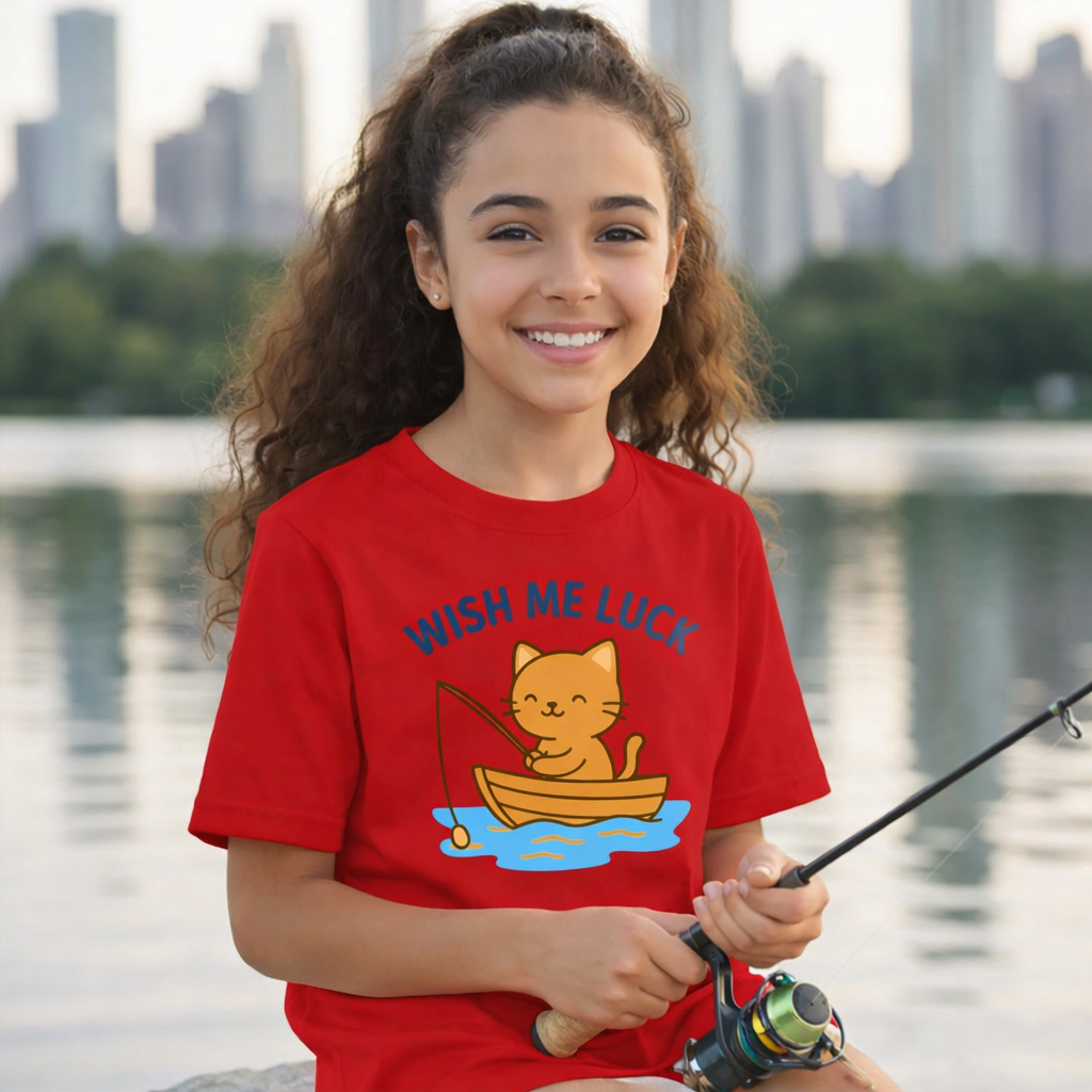 Little Girl Camp Kitten on boat fishing t-shirt design - adorable cat angler graphic tee