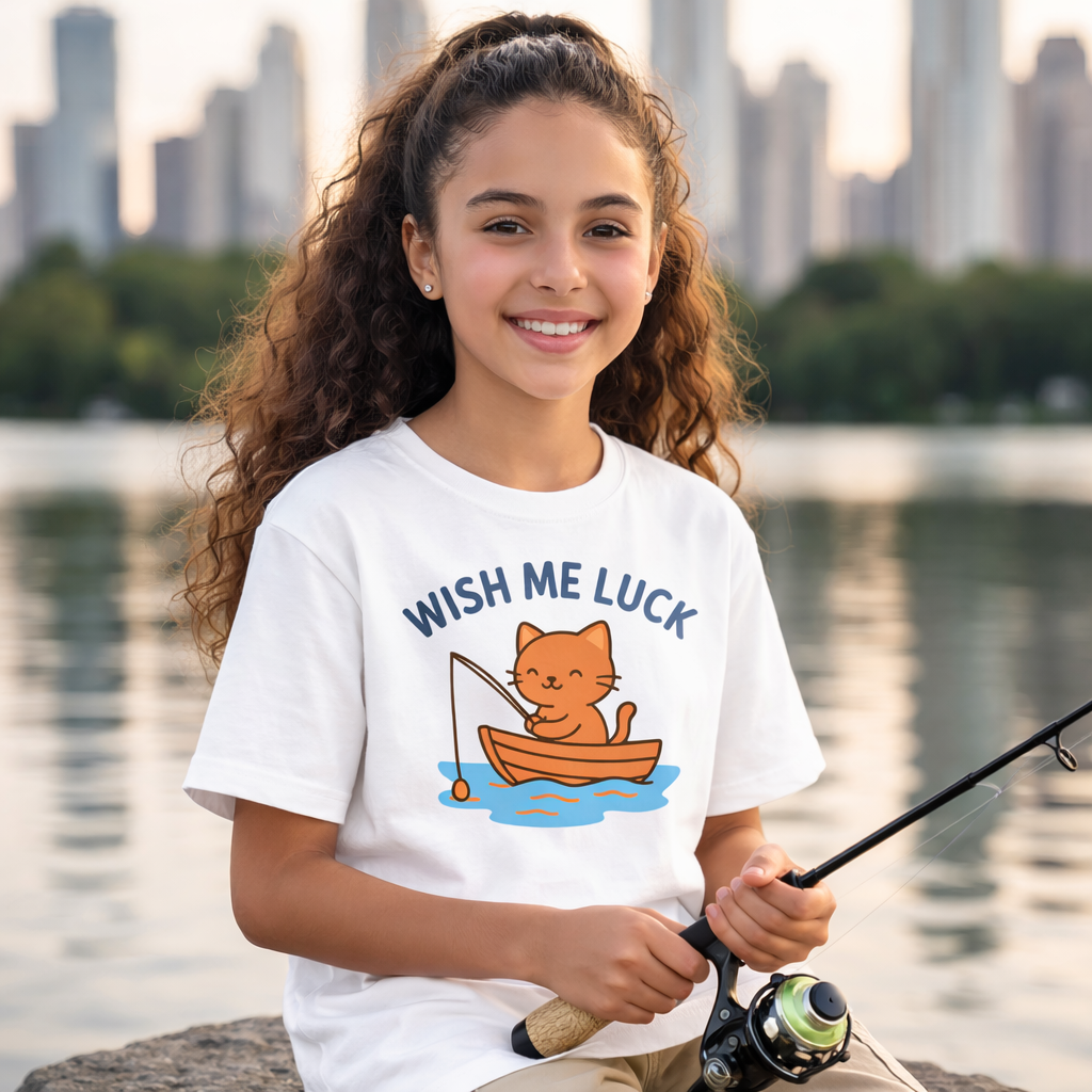 Girl wearing a White 'Wish Me Luck' t-shirt with a cat in a boat graphic, holding a fishing rod by a lake with city skyline in the background.