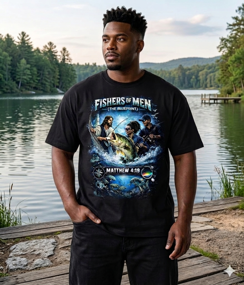 Man wearing a Fishing, Spiritual, black t-shirt with 'Fishers of Men' Matthew 4:19 design by a lake