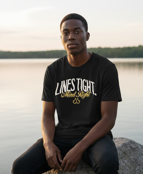 Man wearing a black t-shirt with 'LINES TIGHT Mind Right' text, sitting by a lake.