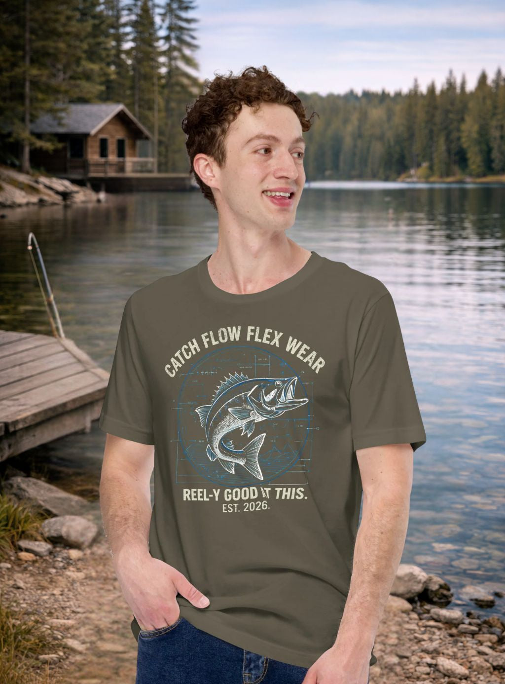 Man wearing a green 'Catch Flow Flex Wear' t-shirt by a lake with a cabin in the background