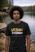 Man in a Black Sport Urban fishing t-shirt - city angler graphic tee design.