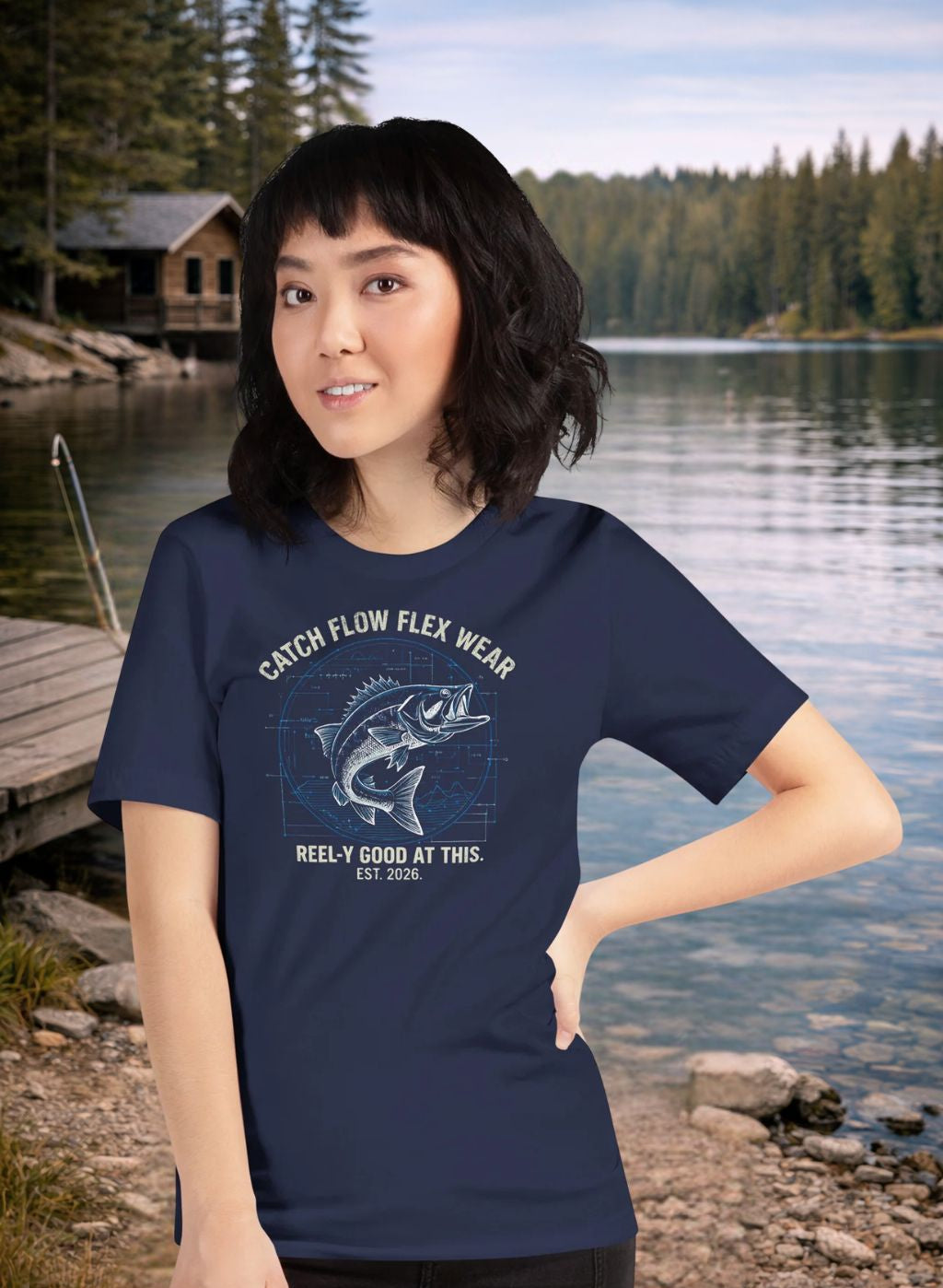 Woman wearing a  Humor Fishing navy blue t-shirt with a fish graphic and text by a lake.