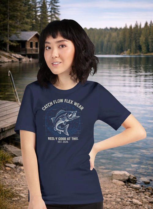 Woman wearing a  Humor Fishing navy blue t-shirt with a fish graphic and text by a lake.