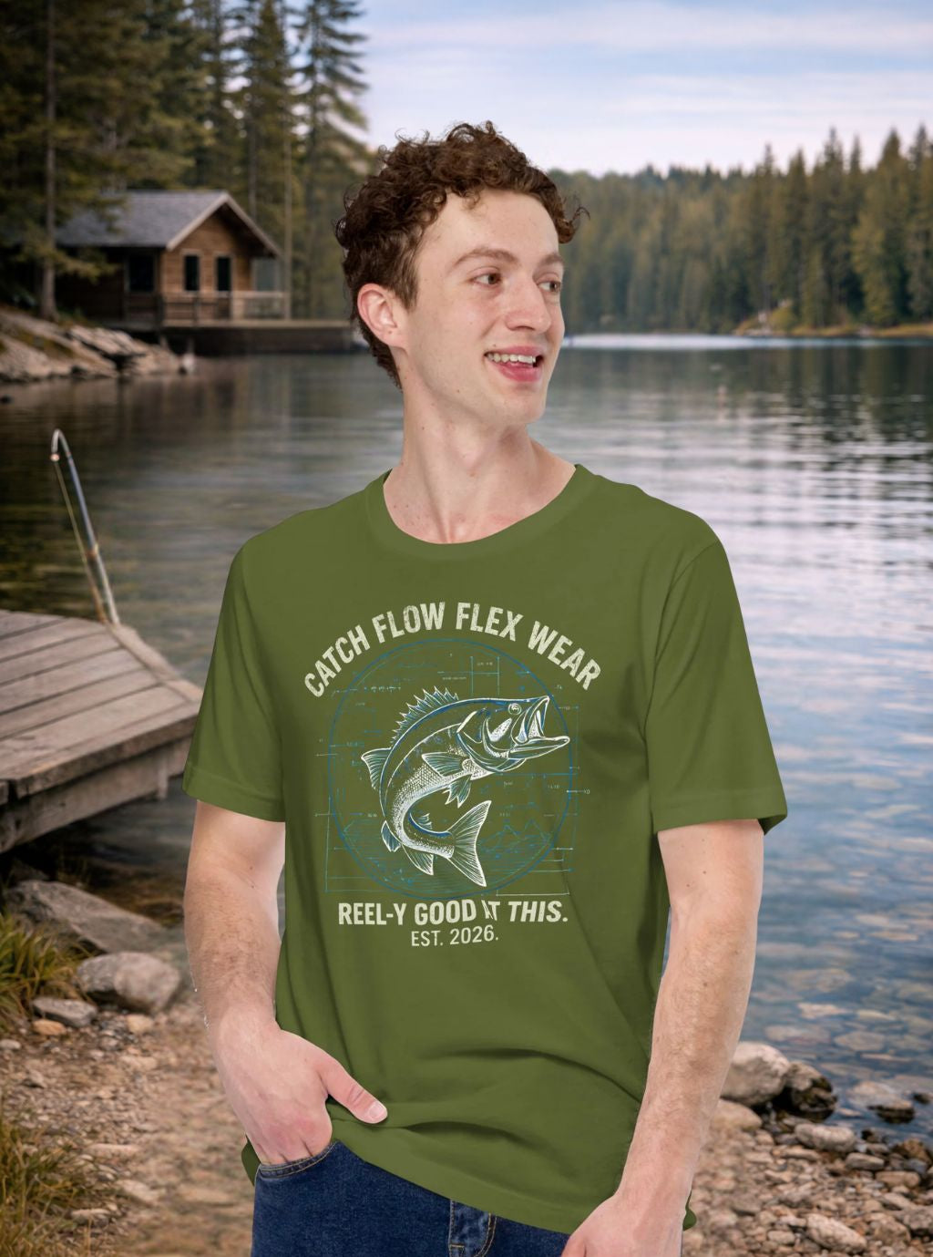 Man wearing a fishing green t-shirt with a fish graphic and text by a lake and cabin.