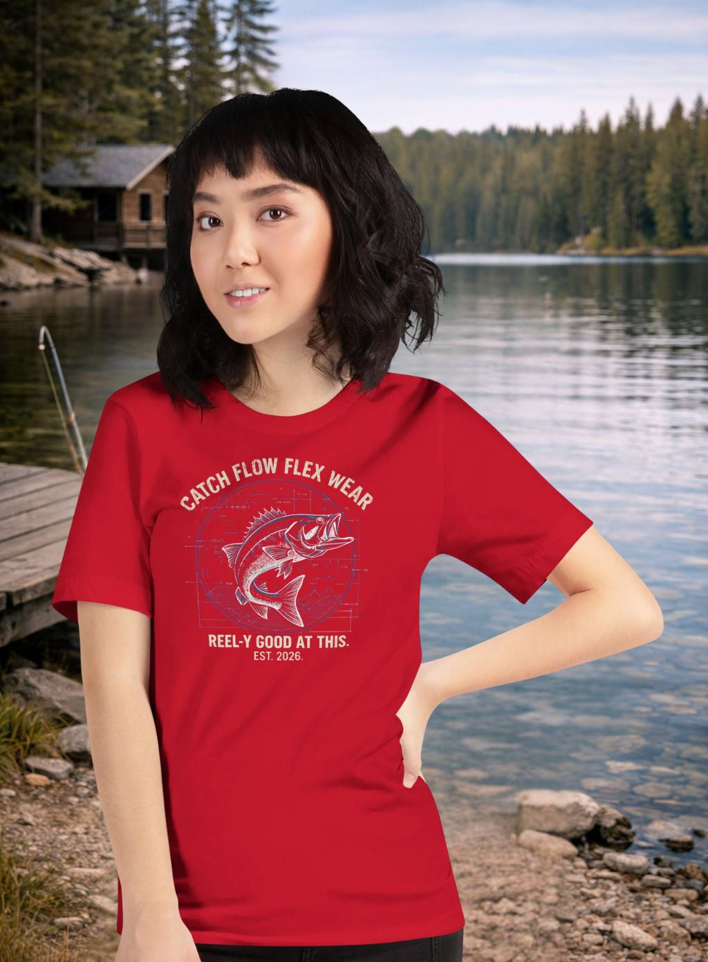 Person wearing a Funny  red t-shirt with a graphic design by a lake