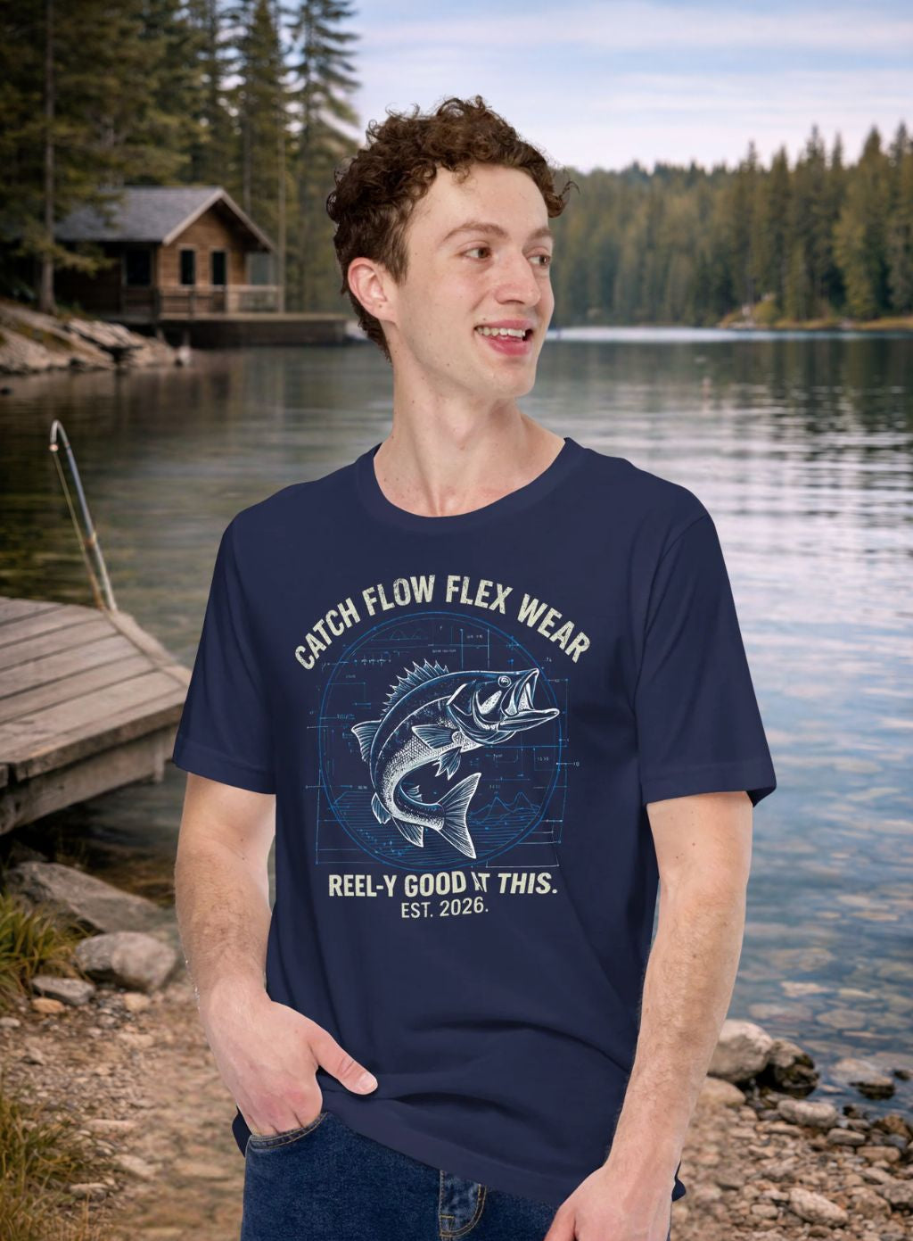 Man wearing a funny  fishing navy blue t-shirt with a fish graphic and text by a lake with a cabin in the background.