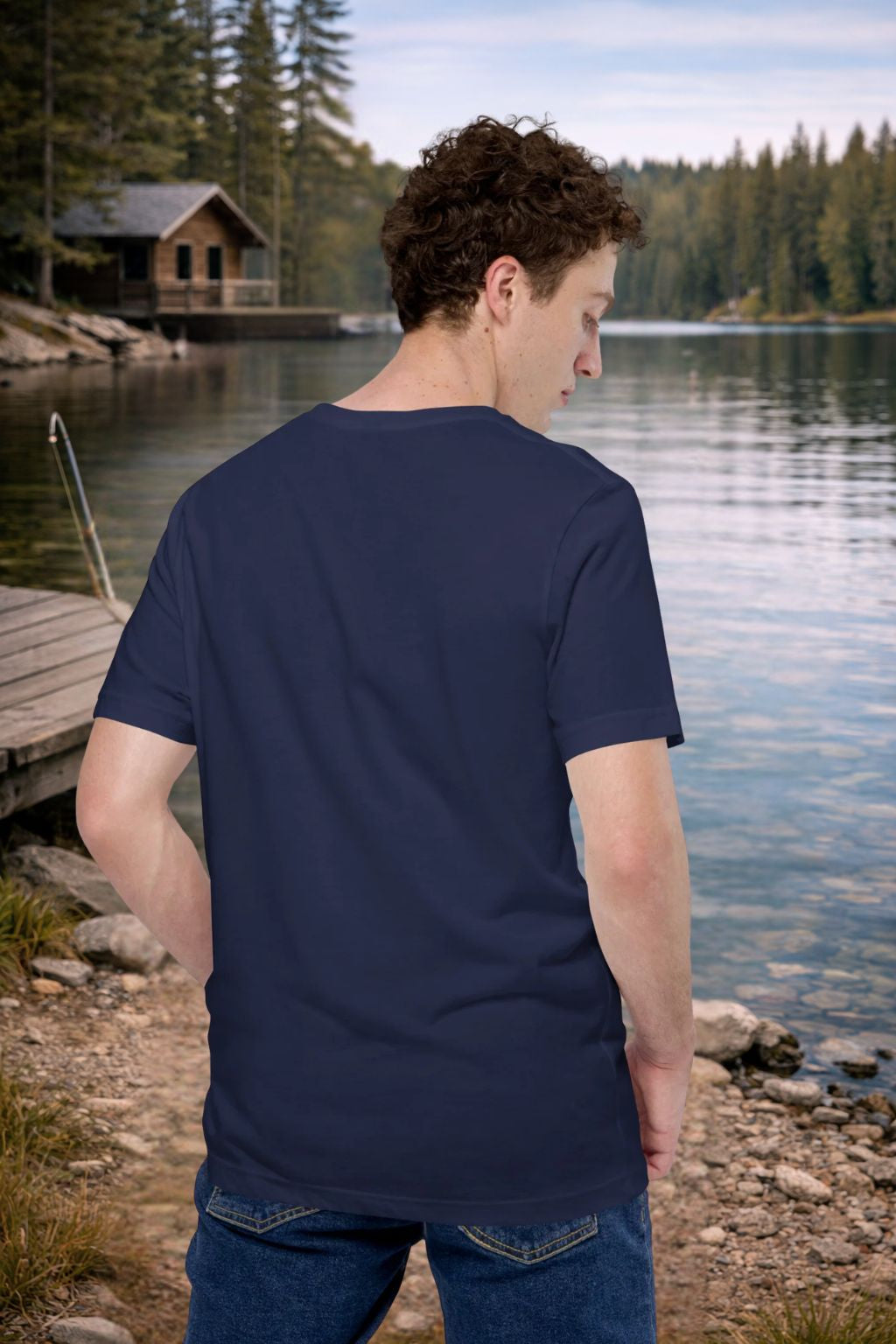 Man wearing a navy blue t-shirt by a lake with a cabin in the background