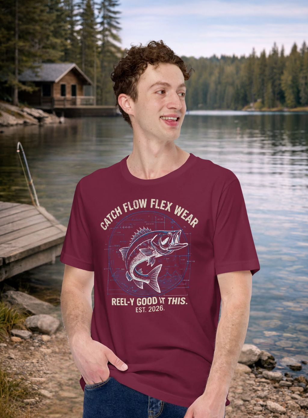 Man wearing a maroon funny fishing t-shirt with a fish graphic and text by a lake and cabin.