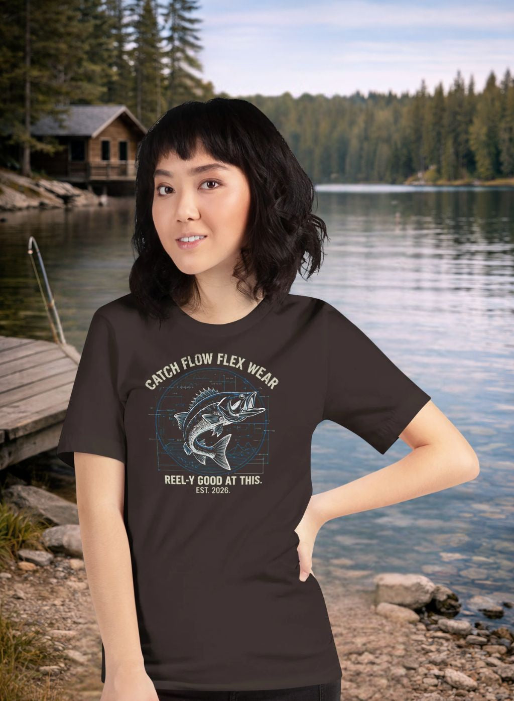 Woman wearing a fishing t-shirt with a graphic design by a lake and cabin