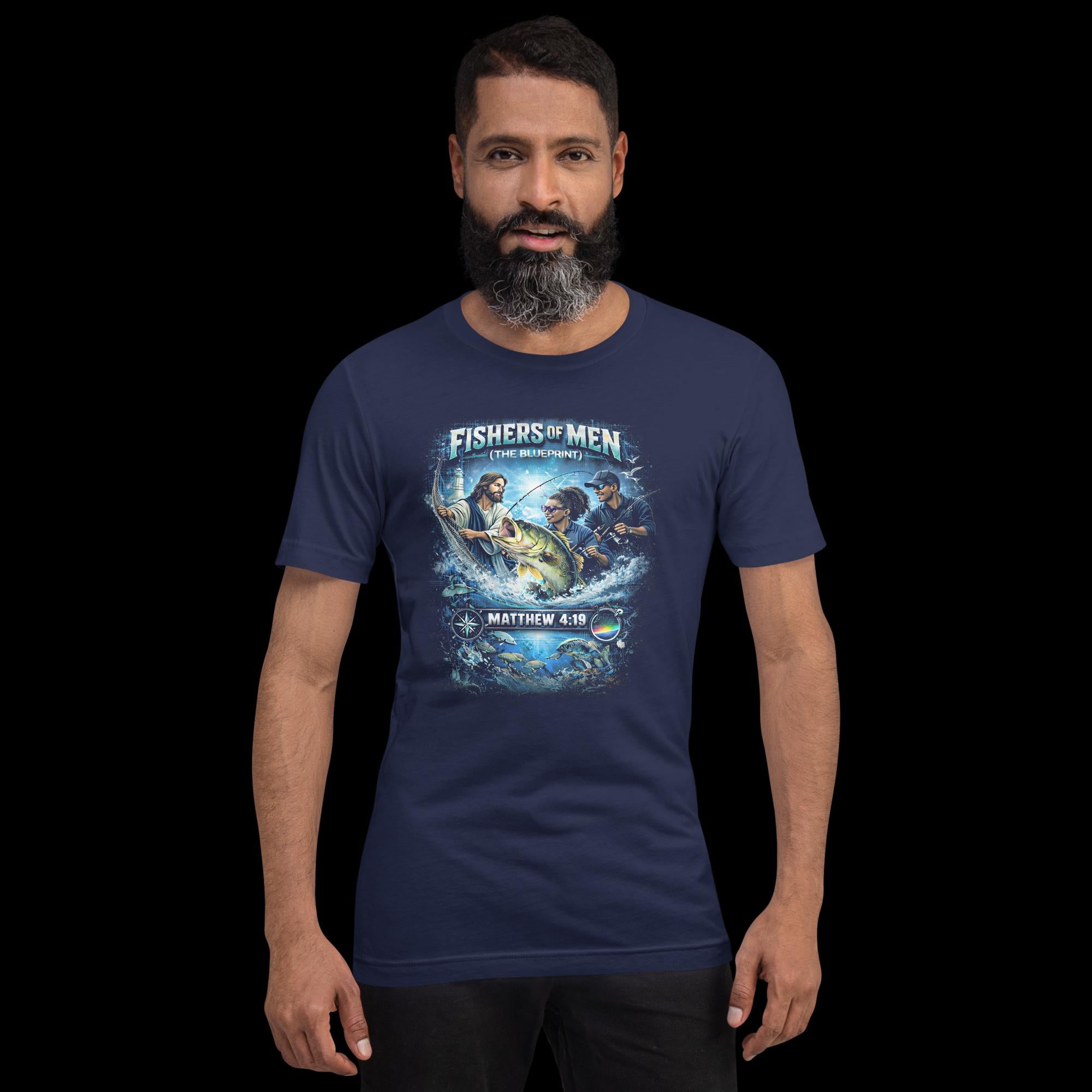 A man wearing a fishing, spiritual, inspirational, graphic Navy t-shirt with 'Fishers of Men' Matthew 4:19 design 