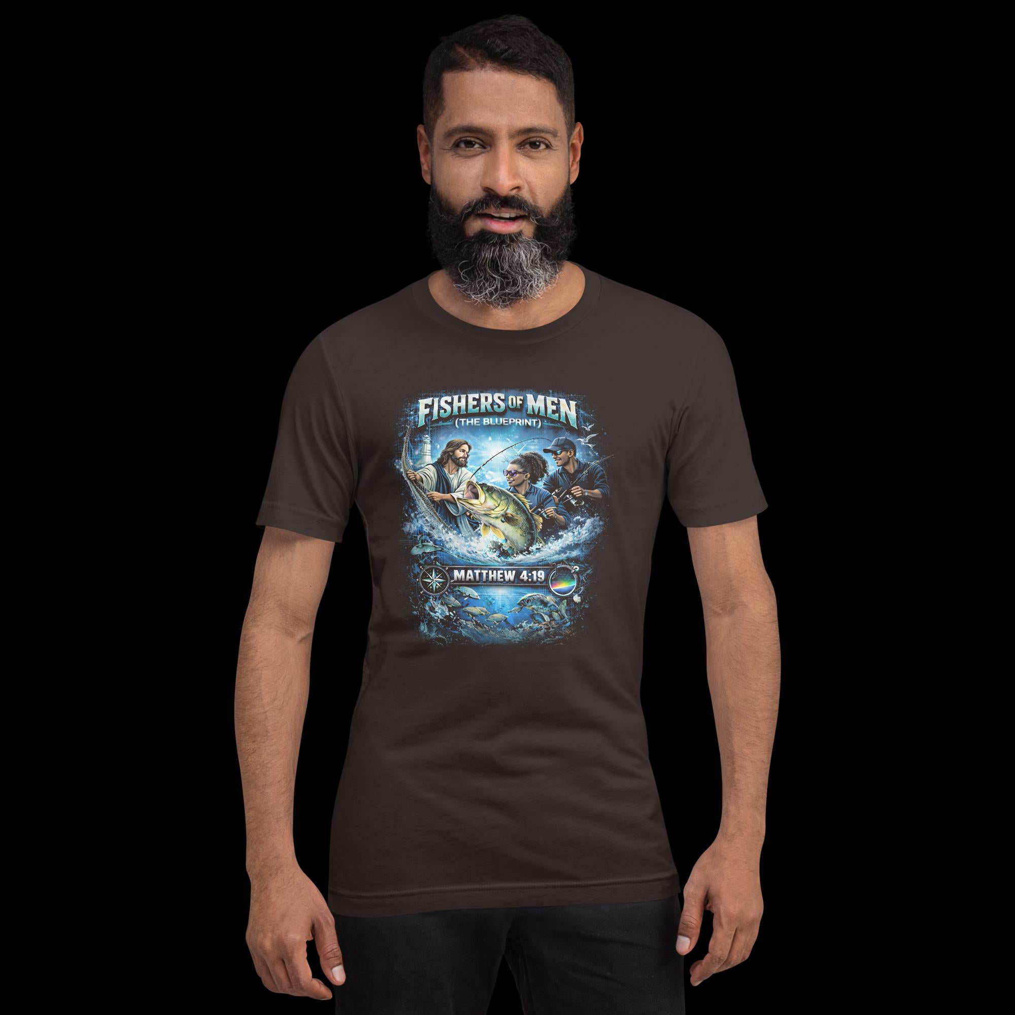 A man wearing a fishing, spiritual, inspirational, graphic brown t-shirt with 'Fishers of Men' Matthew 4:19 design b
