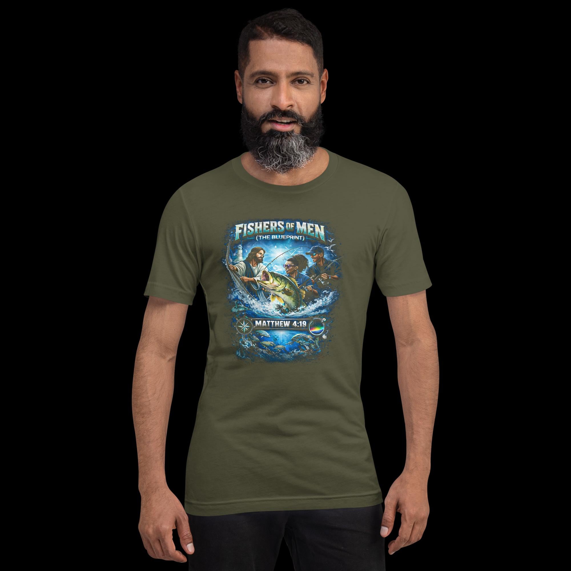 A man wearing a fishing, spiritual, inspirational, graphic Military Green t-shirt with 'Fishers of Men' Matthew 4:19 design