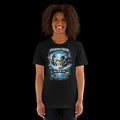 Woman wearing a faith, spiritual, Inspirational fishing, Matthew 4:19 black t-shirt with 'Fishers of Men' graphic design