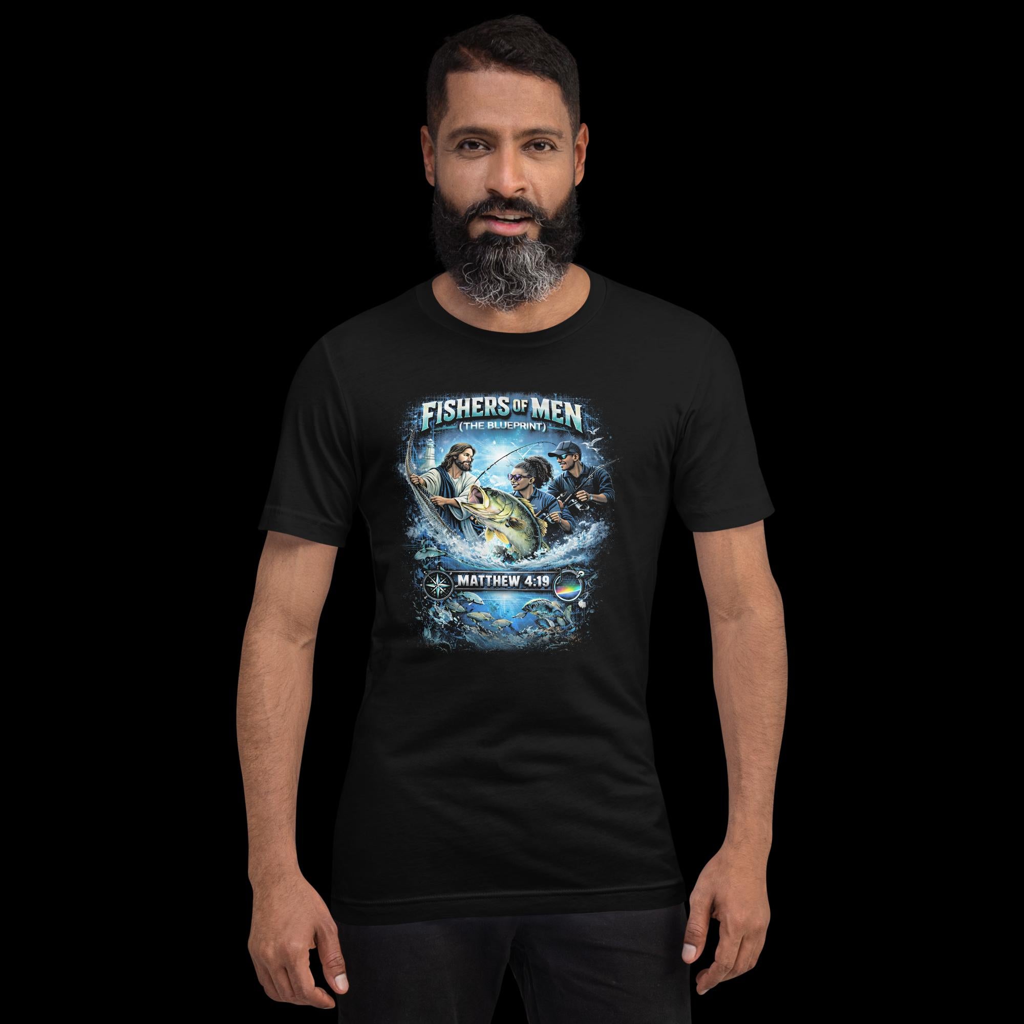 A man wearing a fishing, spiritual, inspirational, graphic Black t-shirt with 'Fishers of Men' Matthew 4:19 design
