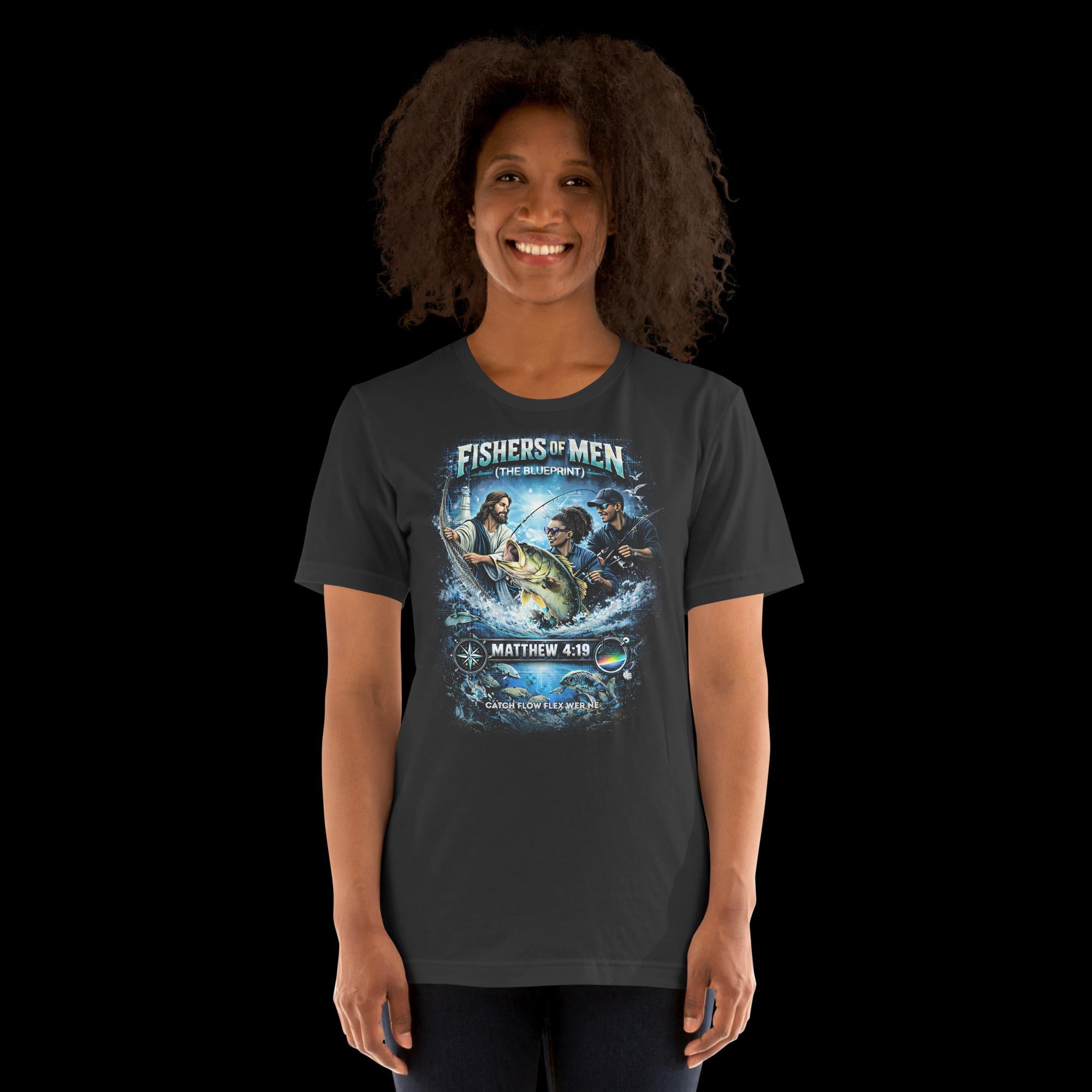 Product mockupWoman wearing a faith, spiritual, fishing, Matthew 4:19 Dark Grey t-shirt with 'Fishers of Men' graphic design