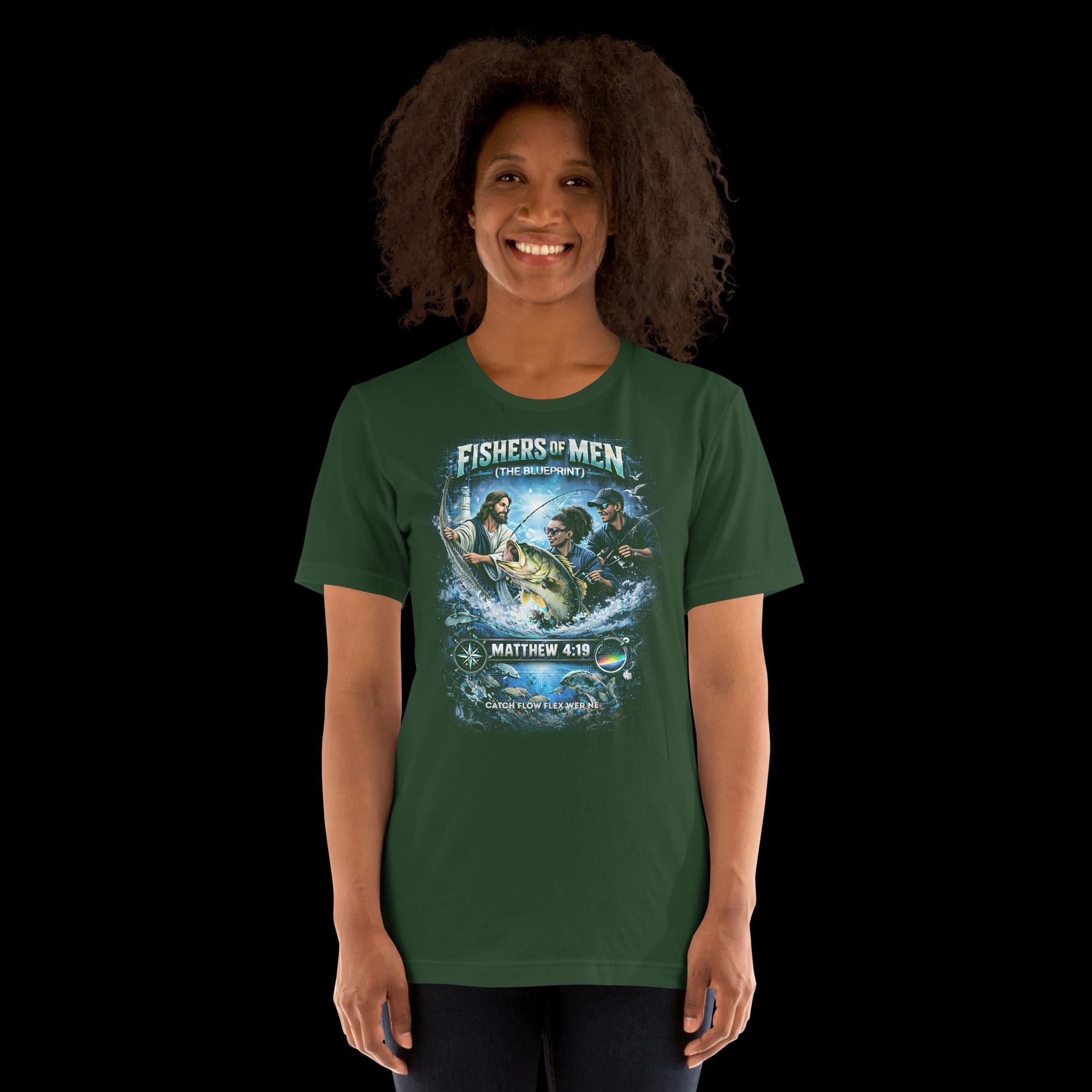 Woman wearing a faith, spiritual, fishing, Matthew 4:19 Forest Green t-shirt with 'Fishers of Men' graphic design