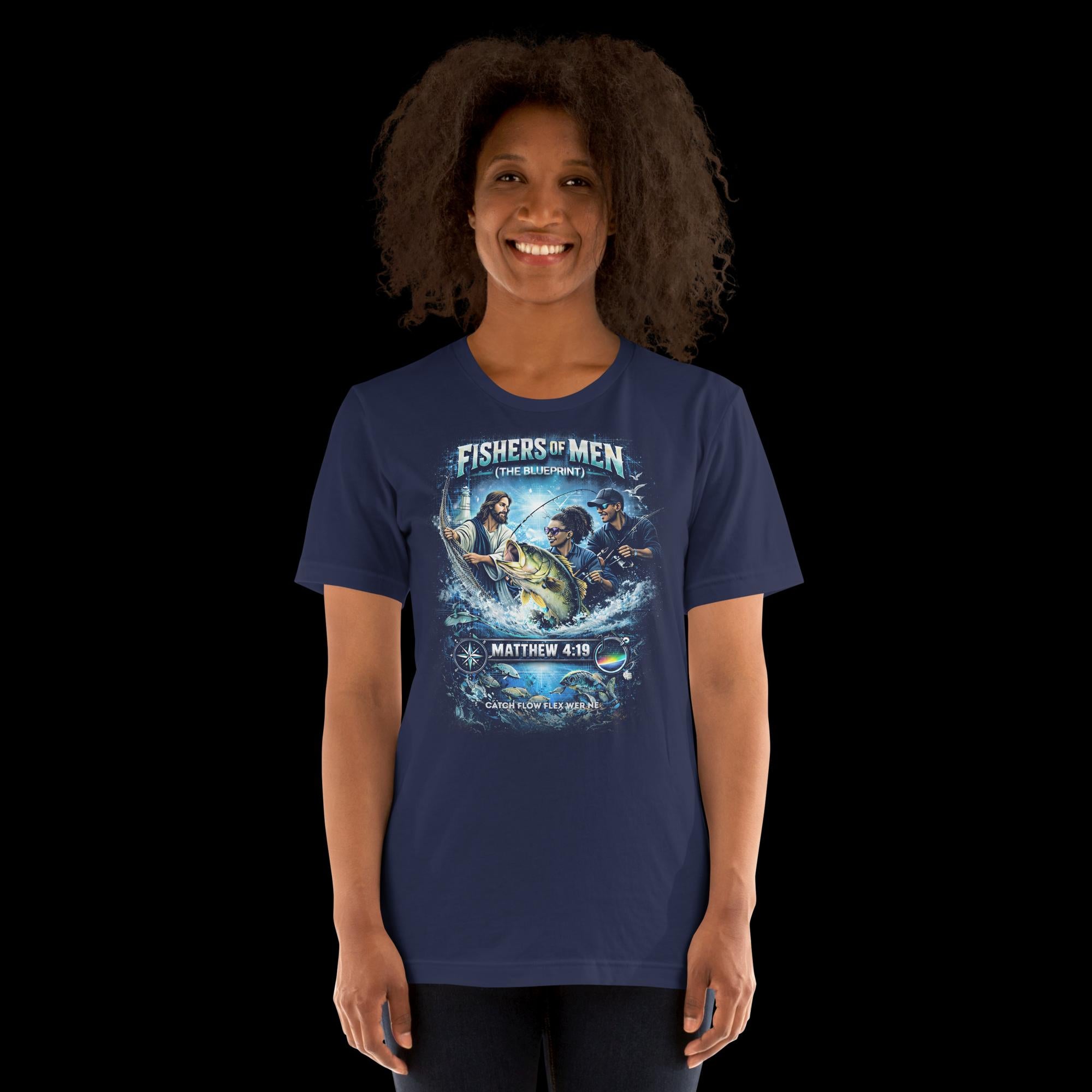 Woman wearing a faith, spiritual, fishing, Matthew 4:19 Navy Blue t-shirt with 'Fishers of Men' graphic design